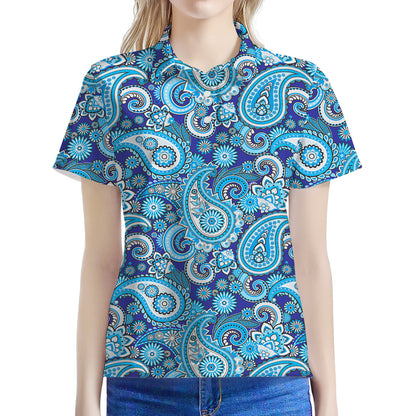 Blue Paisley Pattern Print Women's Polo Shirt