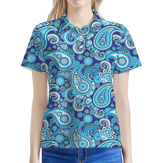 Blue Paisley Pattern Print Women's Polo Shirt