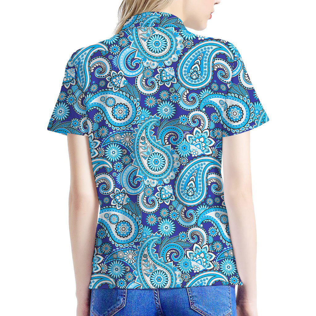 Blue Paisley Pattern Print Women's Polo Shirt