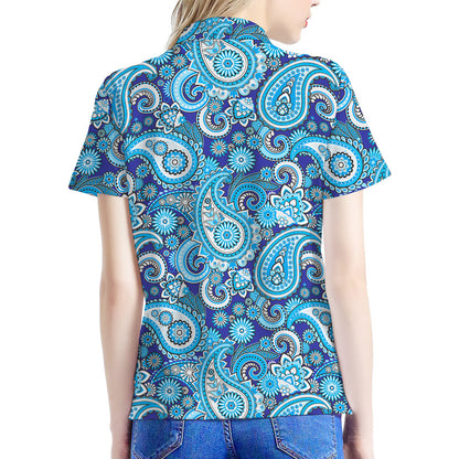 Blue Paisley Pattern Print Women's Polo Shirt