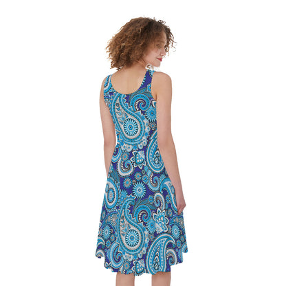 Blue Paisley Pattern Print Women's Sleeveless Dress