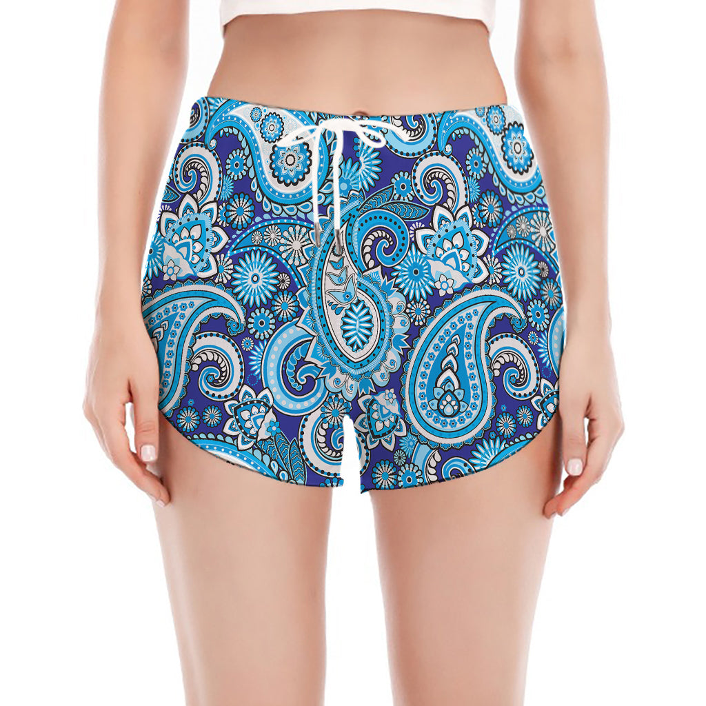 Blue Paisley Pattern Print Women's Split Running Shorts