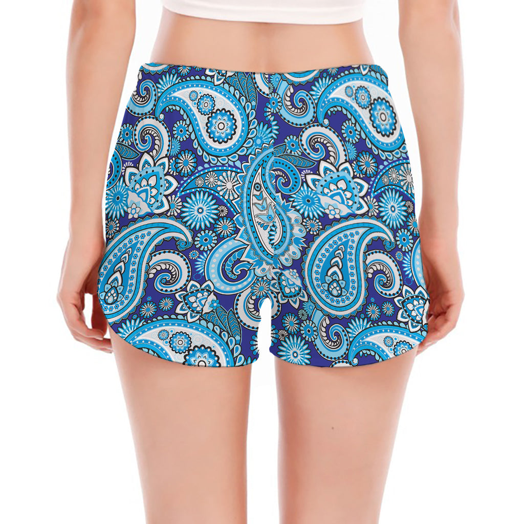 Blue Paisley Pattern Print Women's Split Running Shorts