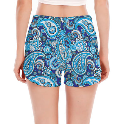 Blue Paisley Pattern Print Women's Split Running Shorts