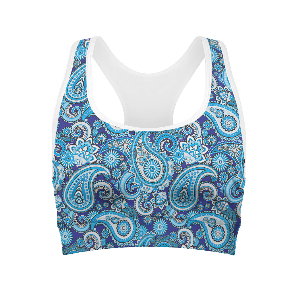 Blue Paisley Pattern Print Women's Sports Bra