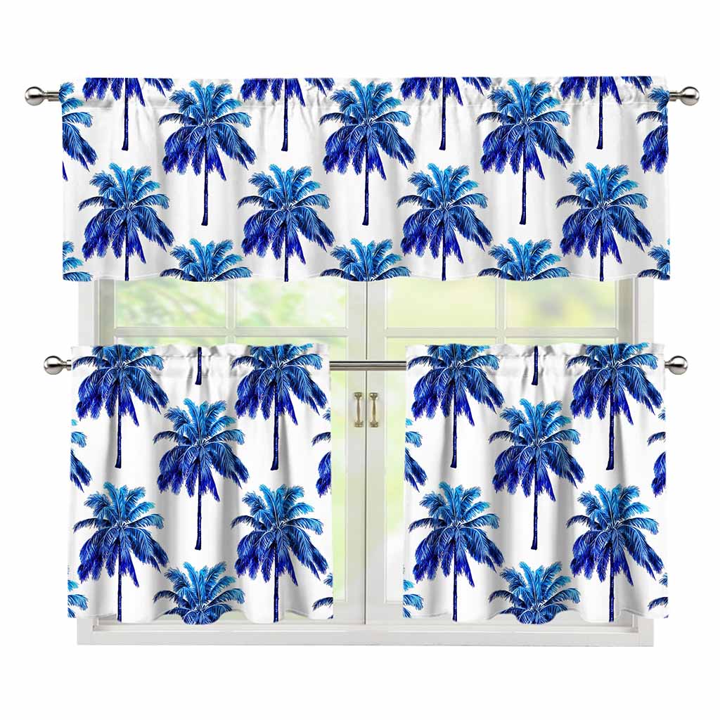 Blue Palm Tree Pattern Print 3 Piece Kitchen Curtains