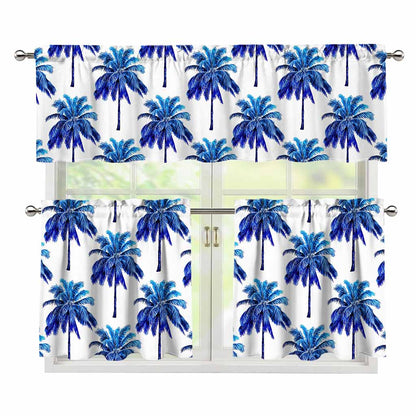 Blue Palm Tree Pattern Print 3 Piece Kitchen Curtains