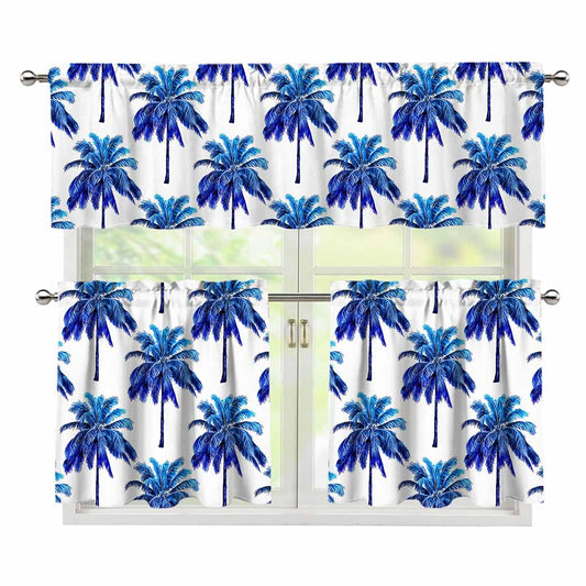 Blue Palm Tree Pattern Print 3 Piece Kitchen Curtains