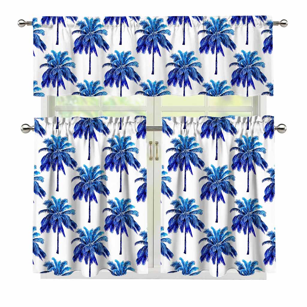 Blue Palm Tree Pattern Print 3 Piece Kitchen Curtains