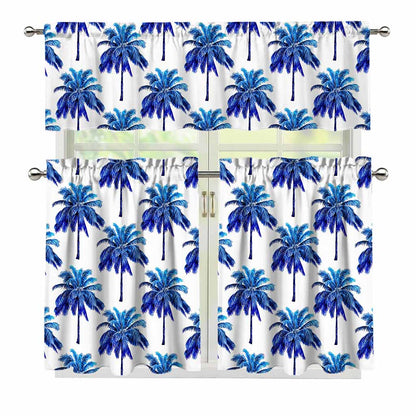 Blue Palm Tree Pattern Print 3 Piece Kitchen Curtains