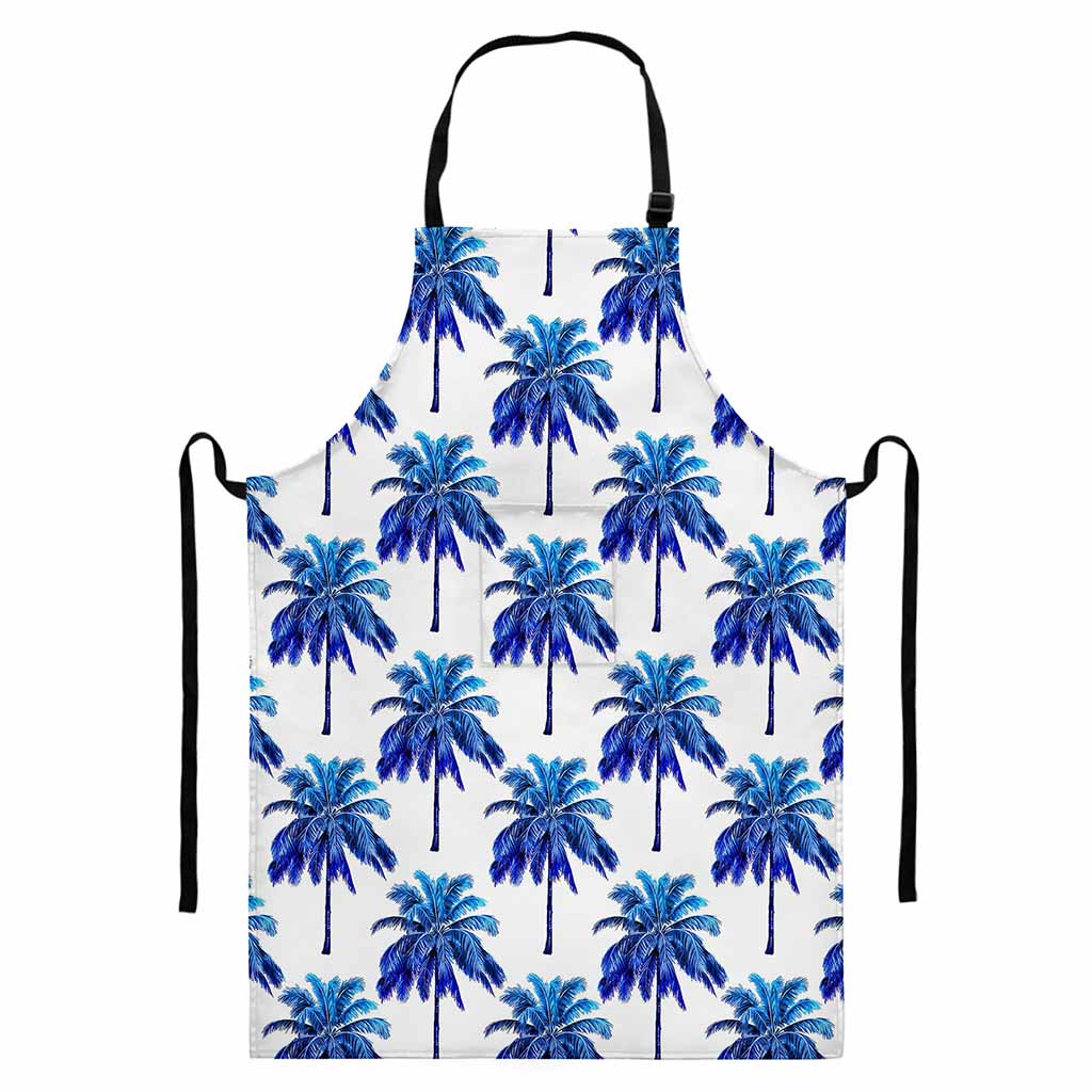 Blue Palm Tree Pattern Print Bib Apron With Pocket