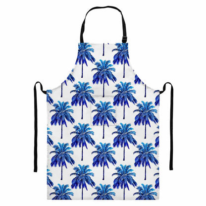 Blue Palm Tree Pattern Print Bib Apron With Pocket
