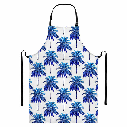 Blue Palm Tree Pattern Print Bib Apron With Pocket