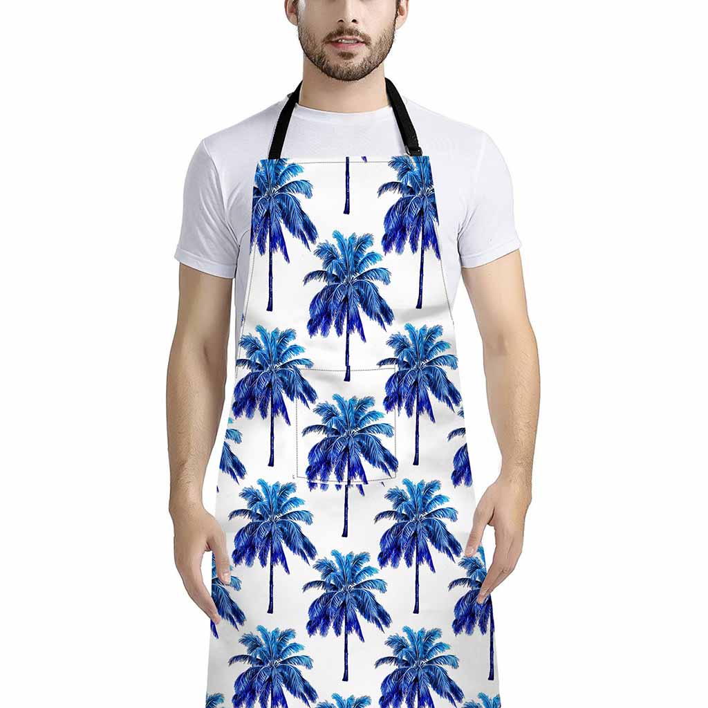 Blue Palm Tree Pattern Print Bib Apron With Pocket