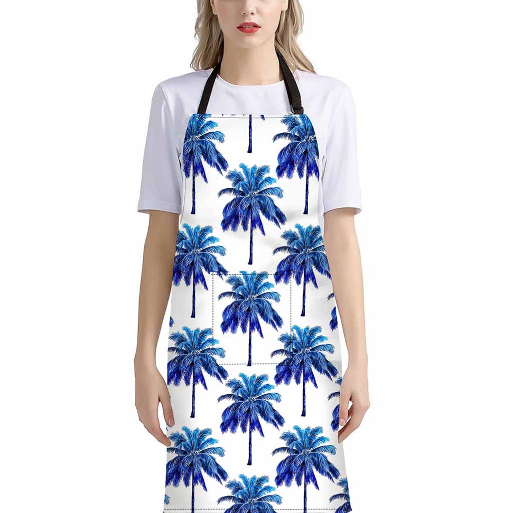 Blue Palm Tree Pattern Print Bib Apron With Pocket