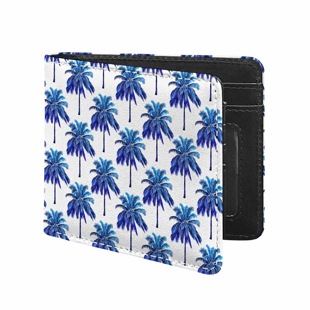 Blue Palm Tree Pattern Print Bifold Wallet