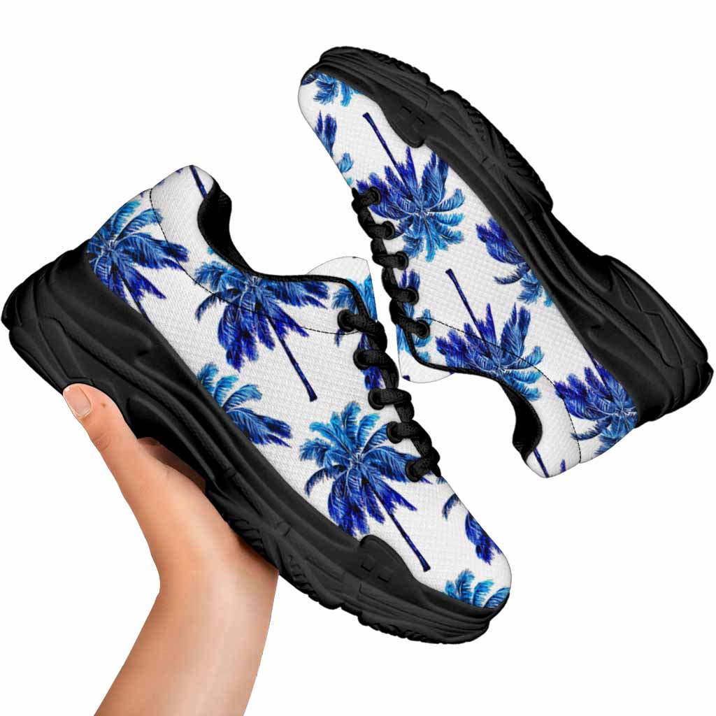 Blue Palm Tree Pattern Print Black Chunky Shoes