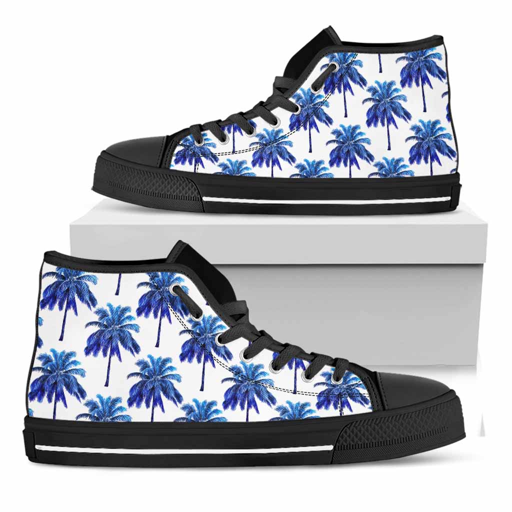 Blue Palm Tree Pattern Print Black High Top Sneakers