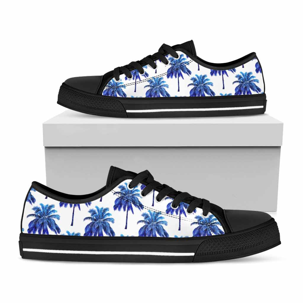 Blue Palm Tree Pattern Print Black Low Top Sneakers