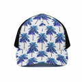 Blue Palm Tree Pattern Print Black Mesh Trucker Hat