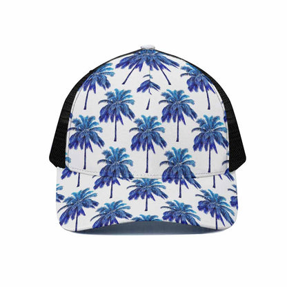 Blue Palm Tree Pattern Print Black Mesh Trucker Cap