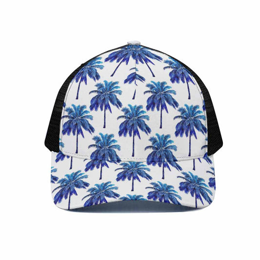Blue Palm Tree Pattern Print Black Mesh Trucker Cap