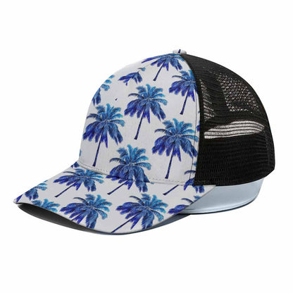 Blue Palm Tree Pattern Print Black Mesh Trucker Cap