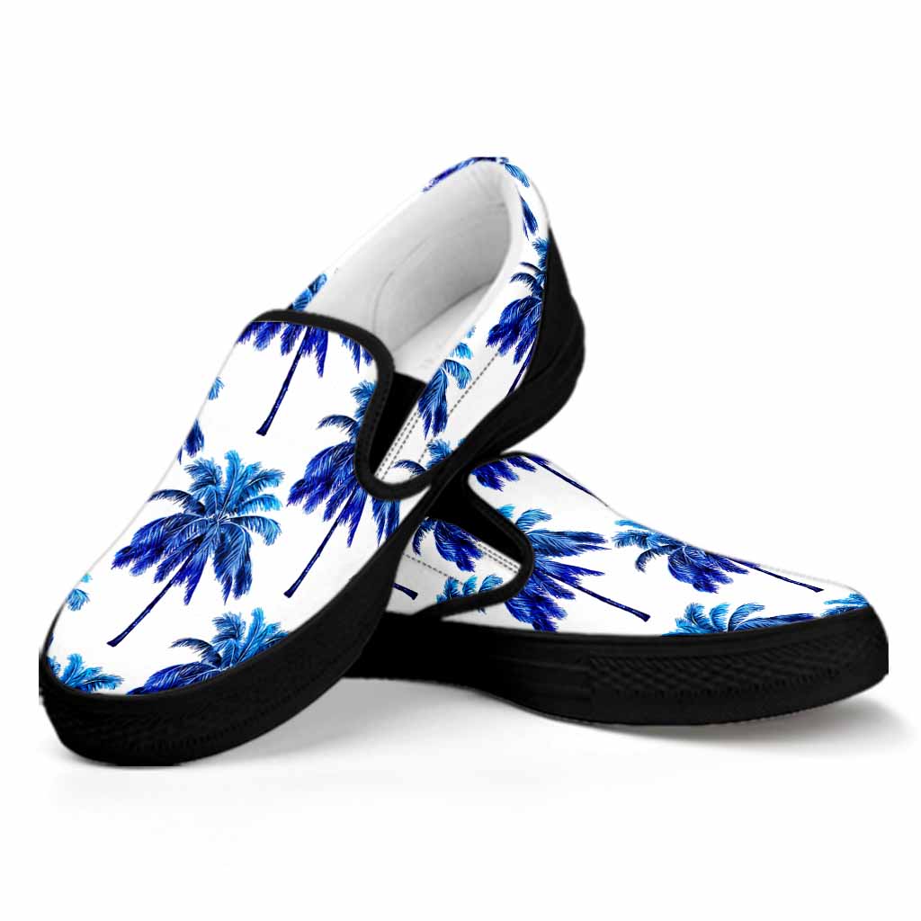 Blue Palm Tree Pattern Print Black Slip On Sneakers
