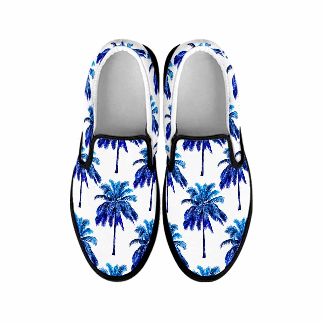 Blue Palm Tree Pattern Print Black Slip On Sneakers