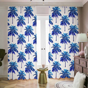 Blue Palm Tree Pattern Print Blackout Pencil Pleat Curtains