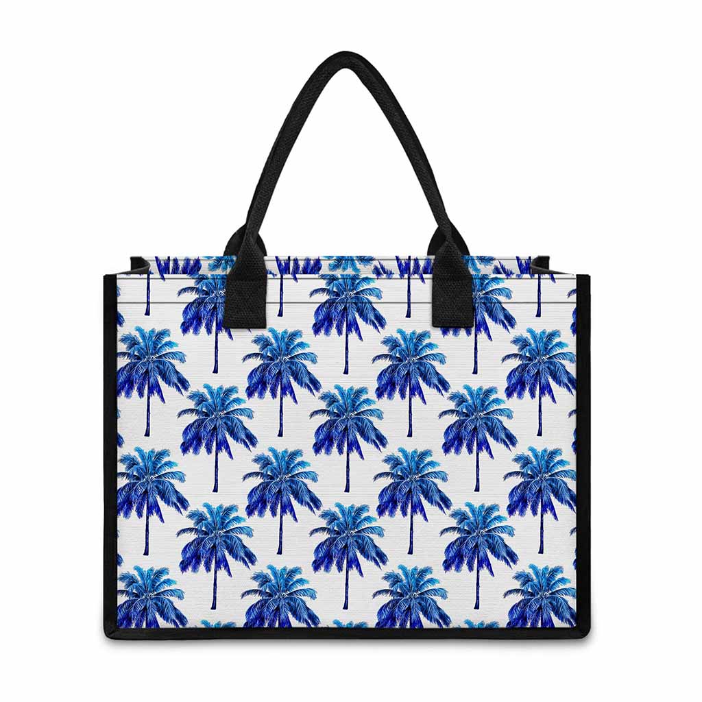 Blue Palm Tree Pattern Print Canvas Tote Bag