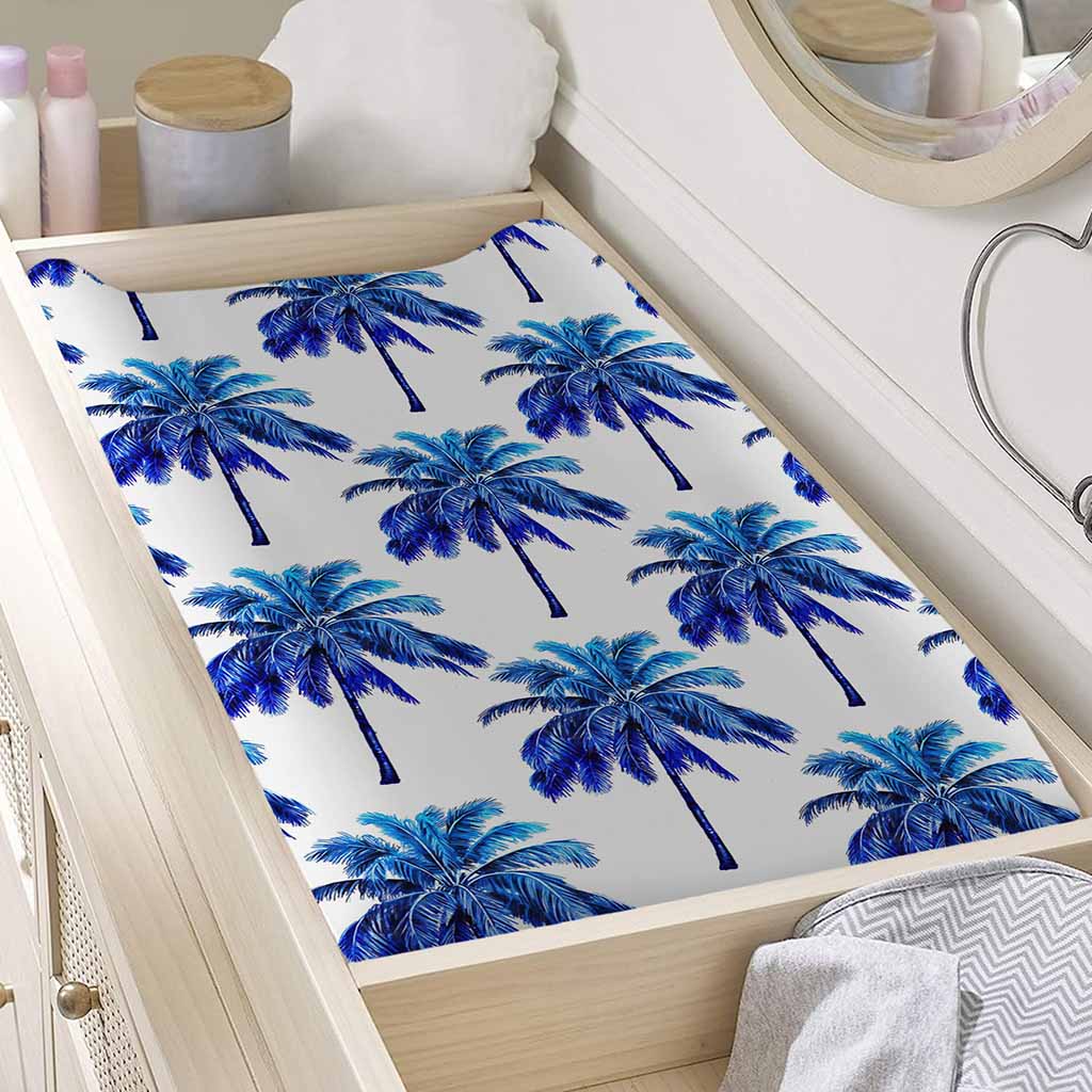 Blue Palm Tree Pattern Print Changing Pad Cover