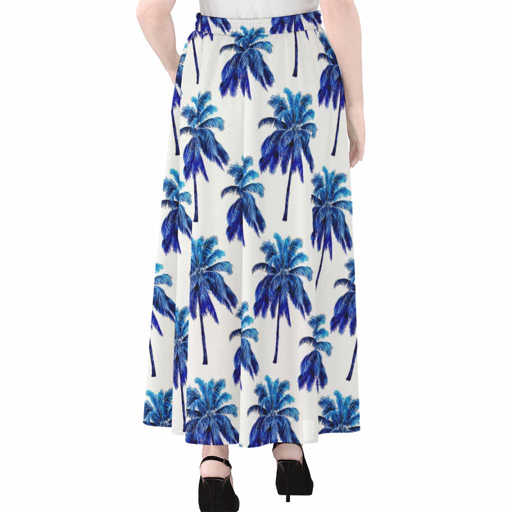 Blue Palm Tree Pattern Print Chiffon Maxi Skirt