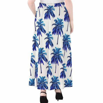 Blue Palm Tree Pattern Print Chiffon Maxi Skirt