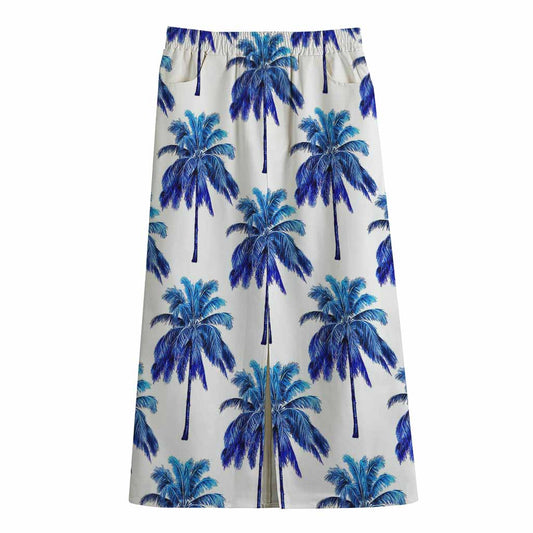 Blue Palm Tree Pattern Print Cotton Front Slit Maxi Skirt