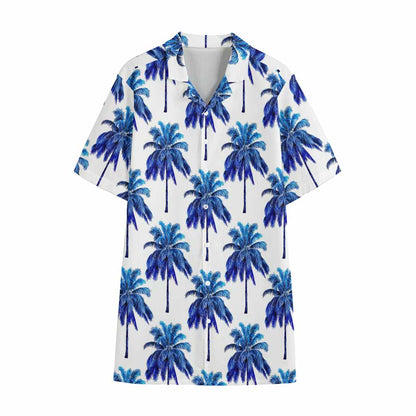 Blue Palm Tree Pattern Print Cotton Hawaiian Shirt
