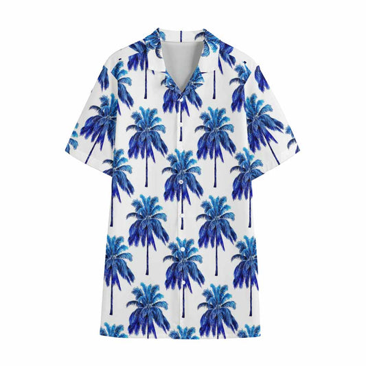 Blue Palm Tree Pattern Print Cotton Hawaiian Shirt