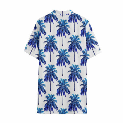 Blue Palm Tree Pattern Print Cotton Hawaiian Shirt