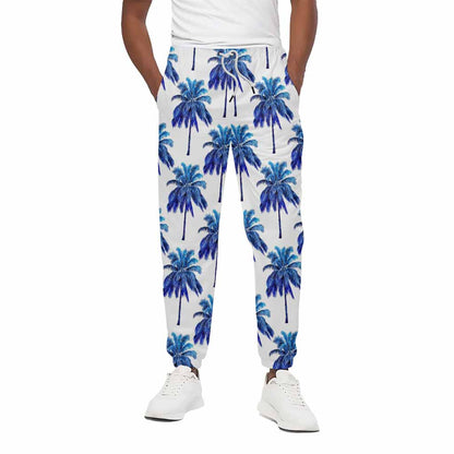 Blue Palm Tree Pattern Print Cotton Pants