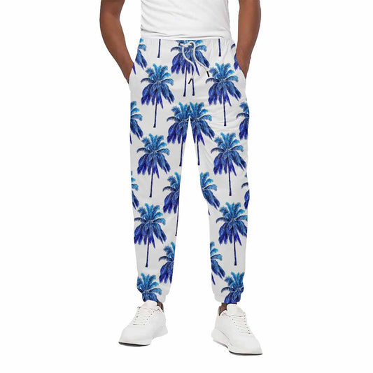Blue Palm Tree Pattern Print Cotton Pants
