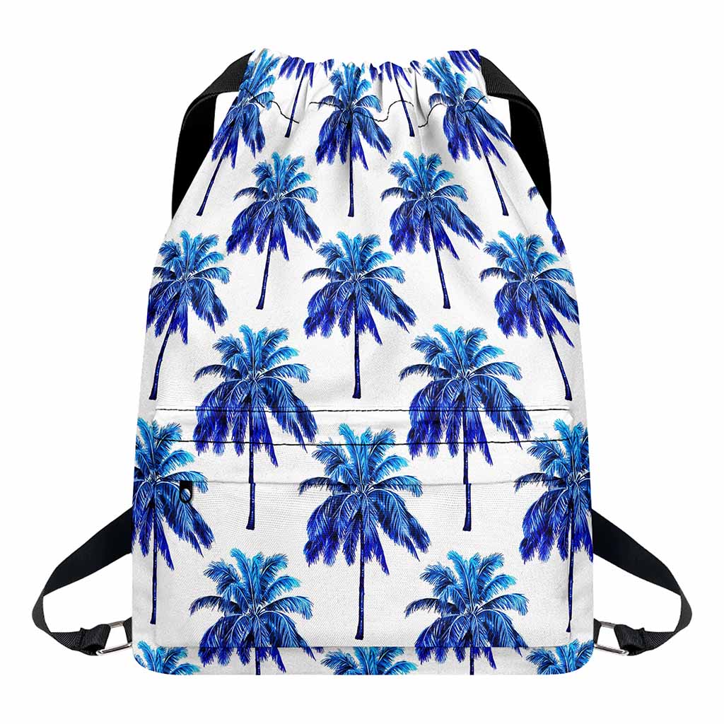 Blue Palm Tree Pattern Print Drawstring Backpack