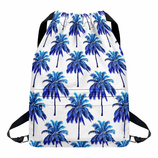 Blue Palm Tree Pattern Print Drawstring Backpack