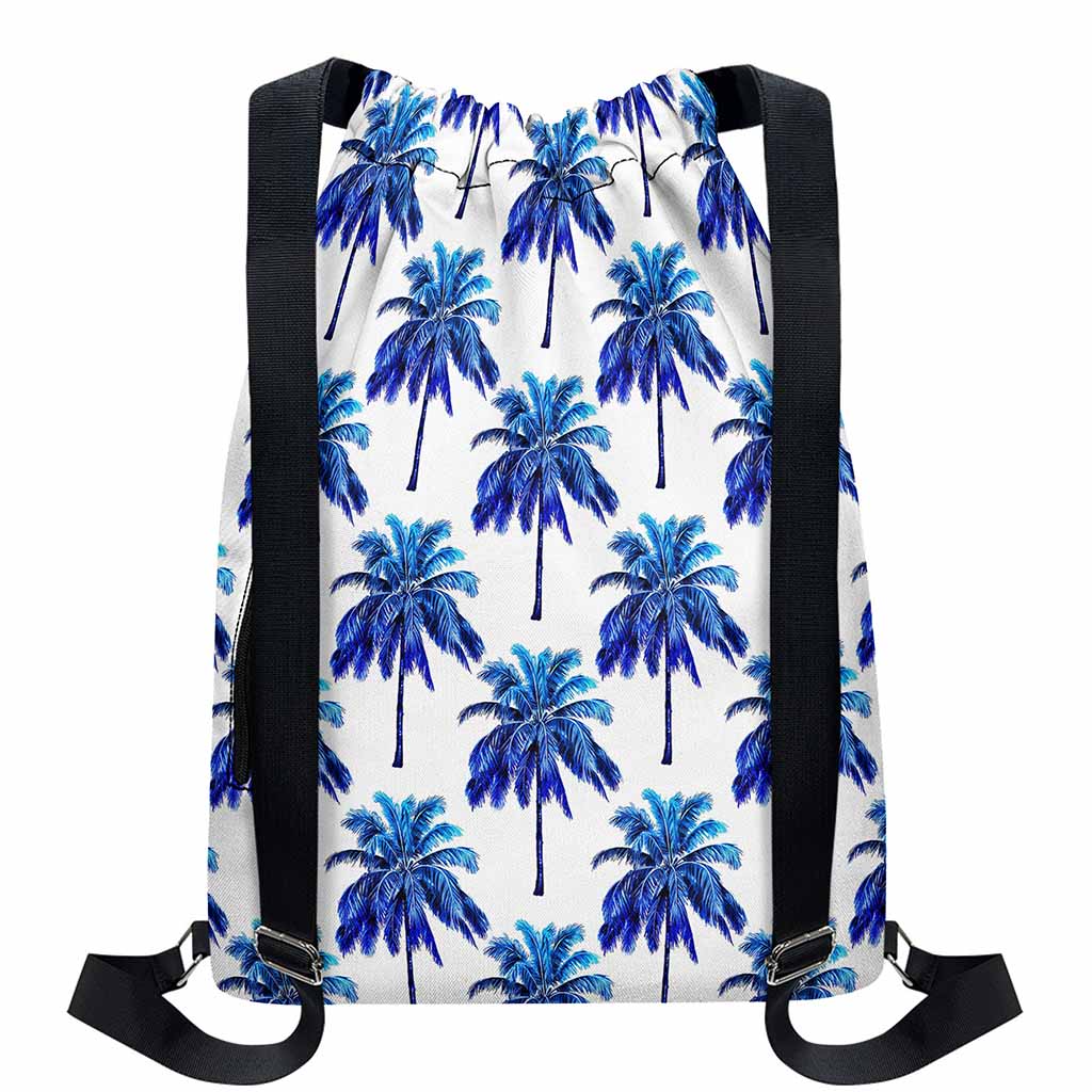 Blue Palm Tree Pattern Print Drawstring Backpack