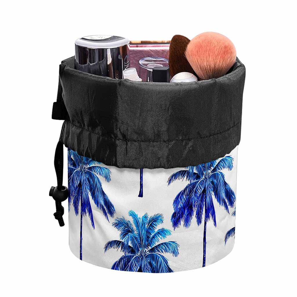 Blue Palm Tree Pattern Print Drawstring Makeup Bag