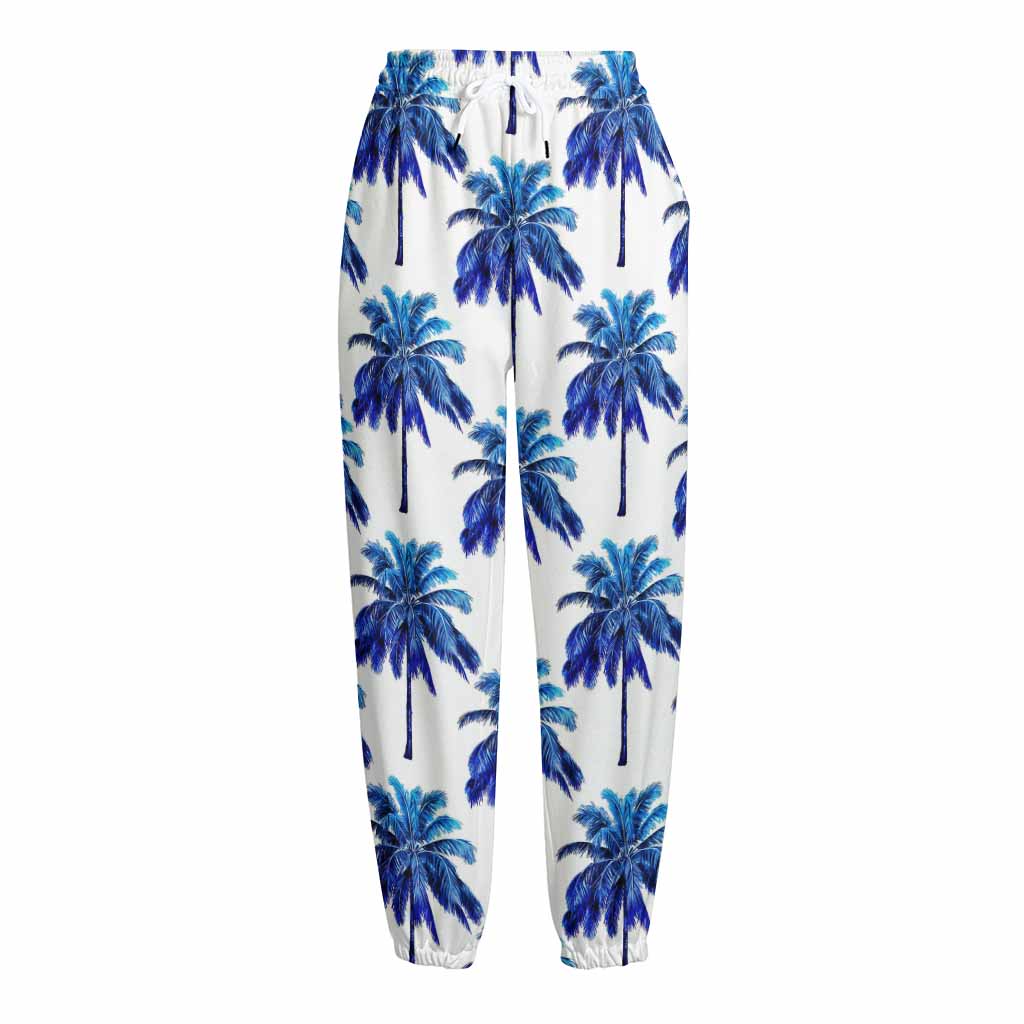 Blue Palm Tree Pattern Print Fleece Lined Knit Pants