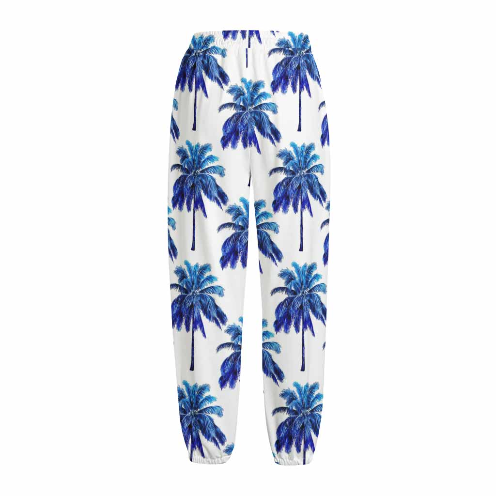 Blue Palm Tree Pattern Print Fleece Lined Knit Pants