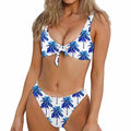 Blue Palm Tree Pattern Print Front Bow Tie Bikini