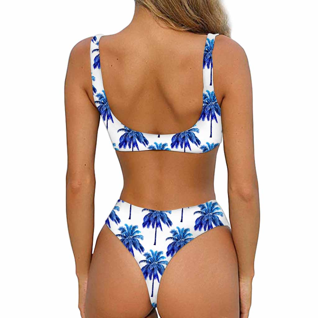 Blue Palm Tree Pattern Print Front Bow Tie Bikini