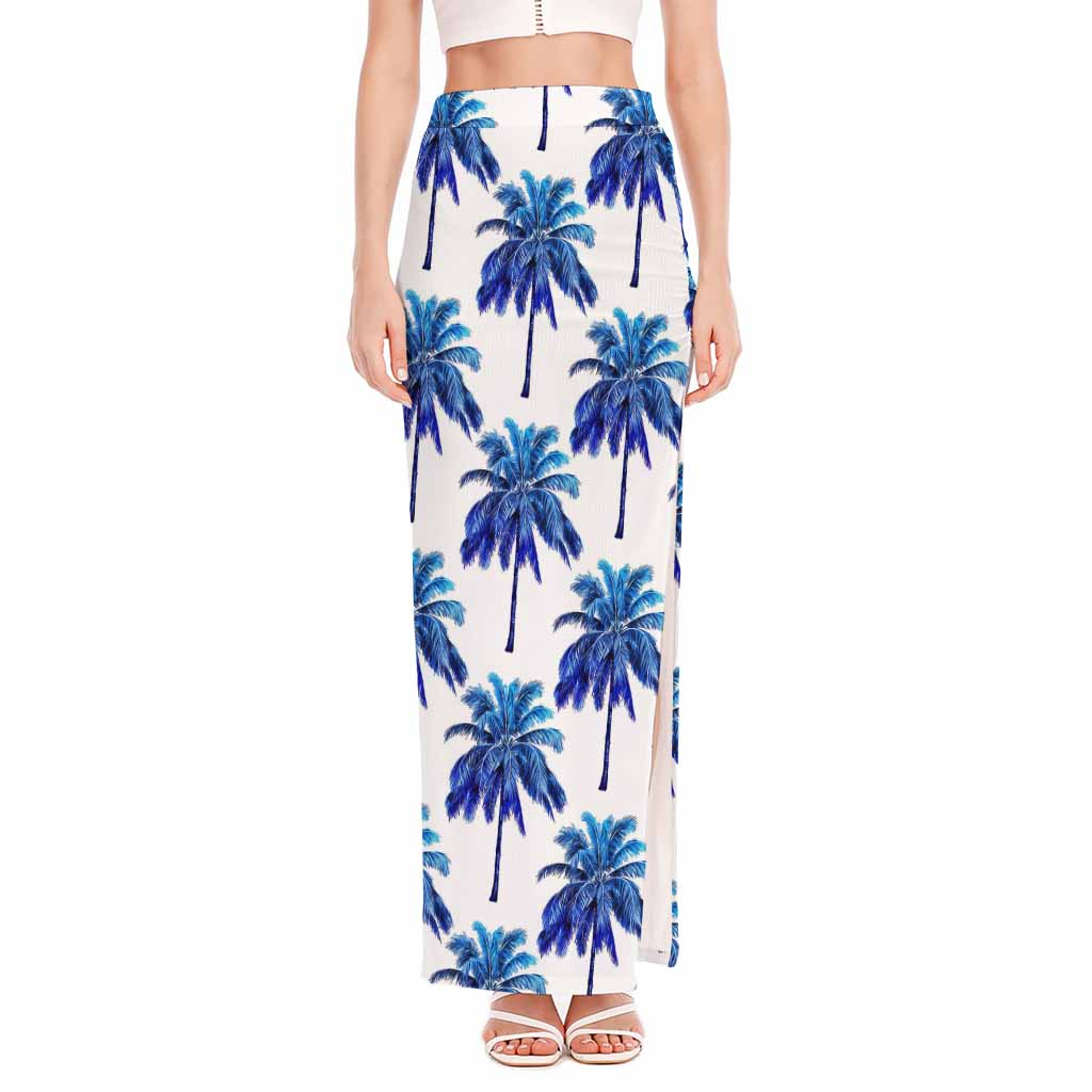 Blue Palm Tree Pattern Print High Slit Maxi Skirt