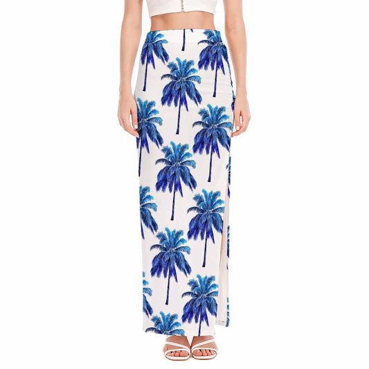 Blue Palm Tree Pattern Print High Slit Maxi Skirt